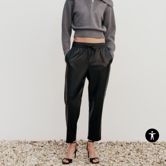 Zara -189‎ NWT Faux Leather Jogging Pants Joggers Black Size Medium - Picture 3 of 10